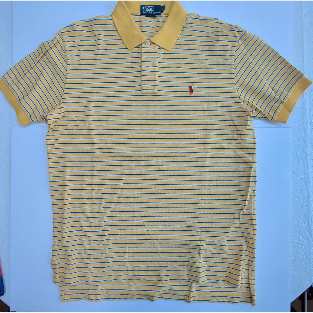 VTG Ralph Lauren Polo Shirt Mens Large Yellow Blue Striped Red Pony Preppy L